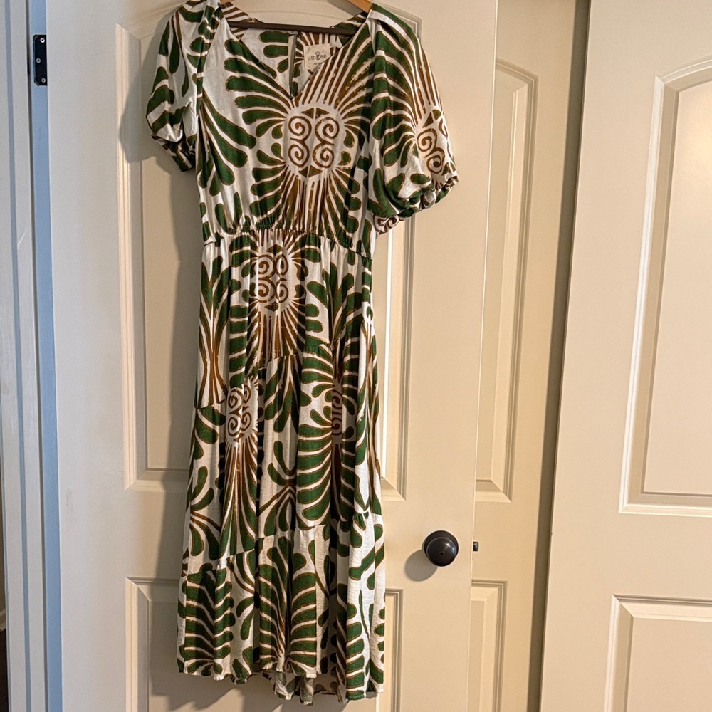 Umgee Green and Brown Patterned Midi Dress